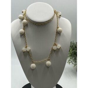 J. Crew Gold Tone White Beaded Beads and Whitish Orb Long Necklace New